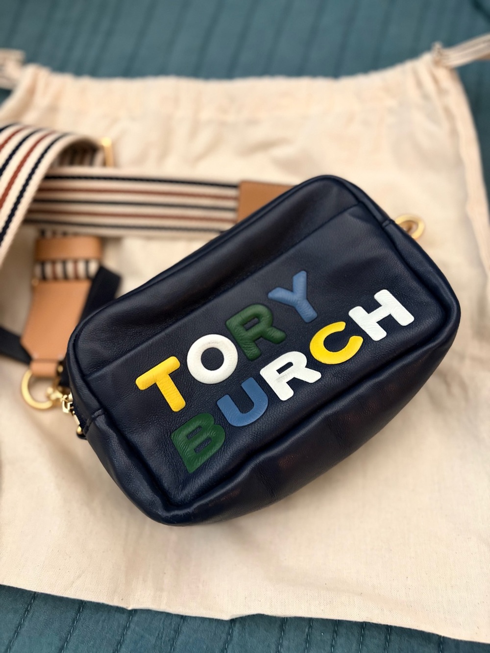 Tory Burch Navy Leather Crossbody with Multicolor Puff Lettering